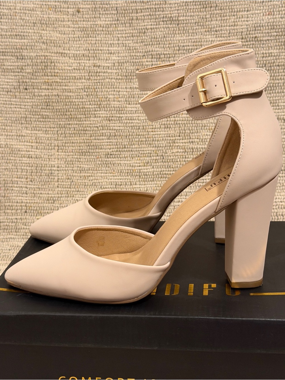 IDIFU Nude Beige Pointed Toe Block Heels with Ankle Strap